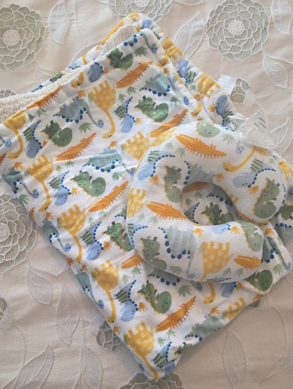 Baby Neck Support Pillow and Blanket Set - Yellow, Green, Blue Dino Print